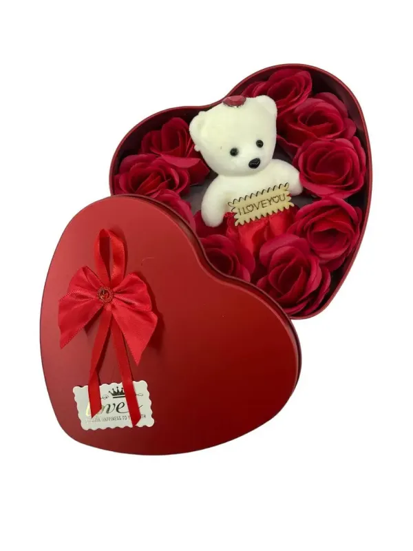 Подарунковий набір з ведмедика і  11 троянд з мила в коробці у формі серця