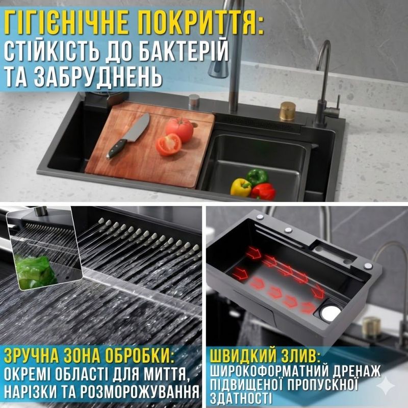 Кухонна мийка з нержавіючої сталі 75×46 см з висувним змішувачем та 3 режимами подачі води “Водоспад” RK