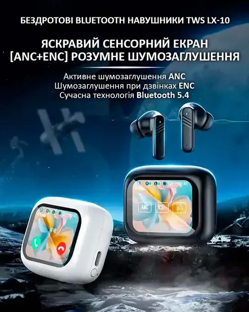 Бездротові навушники LX-10 TWS Earbuds з LED дисплеєм, Bluetooth 5.4, ANC+ENC, 320mAh Black
