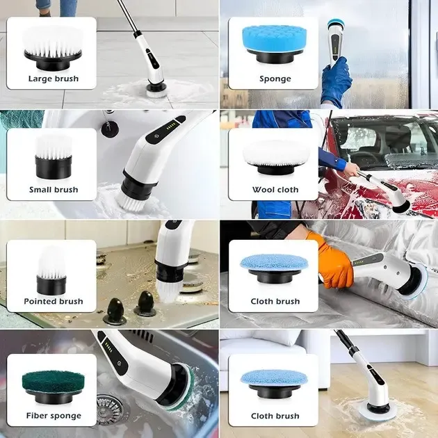 Електрична щітка для прибирання Cleaning Brush, набір 9 в 1, біла, товари для дому