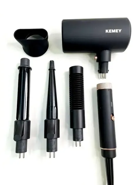 Фен для волосся Kemei KM-9203 4 насадки (концентратор, гребінець для вирівнювання волосся, насадка для локонів, конусна насадка)
