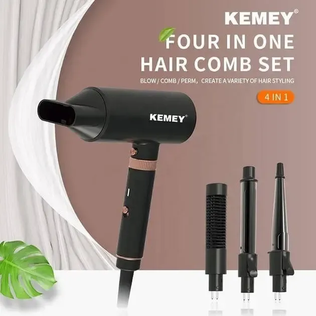 Фен для волосся Kemei KM-9203 4 насадки (концентратор, гребінець для вирівнювання волосся, насадка для локонів, конусна насадка)