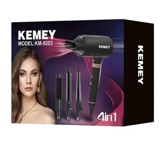 Фен для волосся Kemei KM-9203 4 насадки (концентратор, гребінець для вирівнювання волосся, насадка для локонів, конусна насадка)