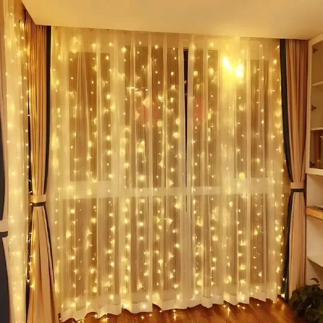 Гірлянда-штора Водоспад 3х2 м, 200 LED світлова завіса зі статичним режимом, тепле світло