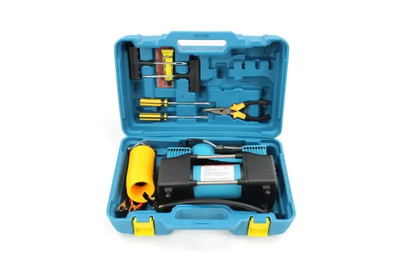 Компресор автомобільний двопоршневий у пластиковому кейсі + кручений шланг