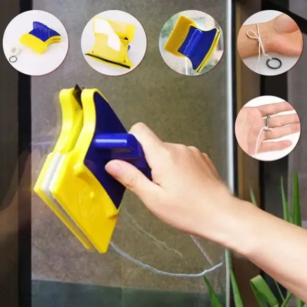 Магнітна щітка для миття вікон із двох сторін Magnetic Double side Cleaner 40мм зі страхувальним шнуром жовто-синя