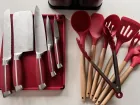 Набір ножів та кухонне начиння лопатки для кухні 17 в 1 дошка для нарізки на потрійній підставці, ножиці з напилком для заточування Zepline ZP-046