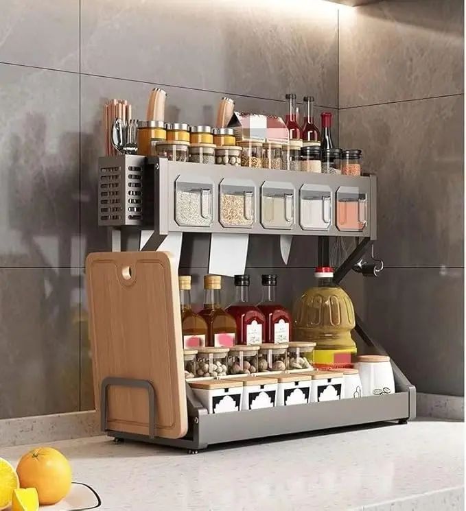 Органайзер для приправ Glaceon Spice Rack, двоярусна стійка для посуду + спецівниця, багатофункціональна сушарка посуду та спецій, містка полиця для спецій з кухонними шафами