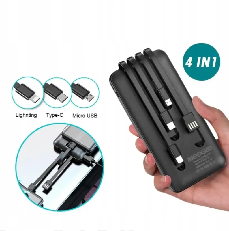 Павер банк Power Bank 10000mAh 4 кабелі 4 в 1 USB LCD