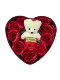 Подарунковий набір з ведмедика і  11 троянд з мила в коробці у формі серця