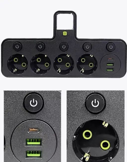 Розетка 9-в-1 європейського стилю з вимикачем, зарядним пристроєм USB та вогнестійкою/вибухозахищеною конструкцією для кухні, вітальні, спальні, офісу, 4 порти з USB